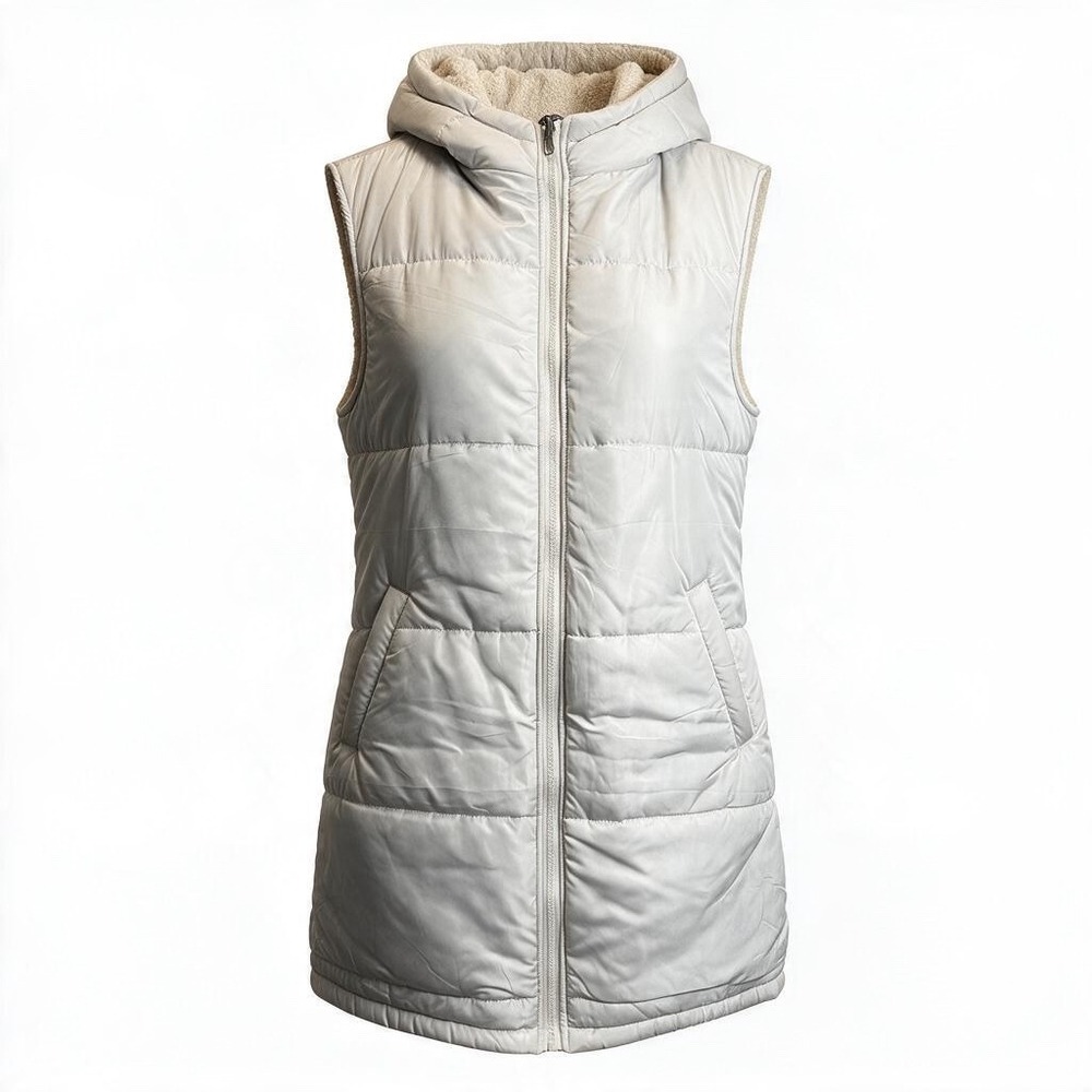 PrettyGarden Womens Hooded Puffer Vest Beige Faux Shearling Lined Longline Large